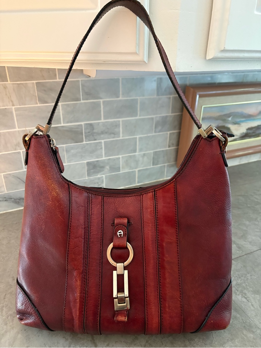 Etienne Aigner Red Leather Shoulder Bag with Gold Hardware